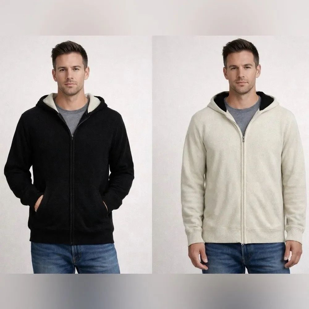 Men’s Reversible Zip Hoodie Cardigan Black & Cream Wool Blend L Kangaroo Pkt